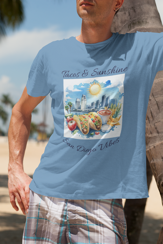 San Diego Vibes T-Shirt, Tacos & Sunshine Tee, Unisex Jersey Top, California Culture Shirt, Short Sleeve Apparel, Beach Lover Clothing