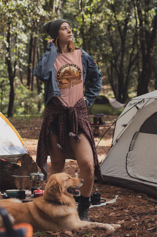 Camping Is My Happy Place Camping Tee, Outdoor Adventure Shirt, Happy Camper Top, Nature Lover Tshirt, Hiking Gift, Mountain Climber Apparel