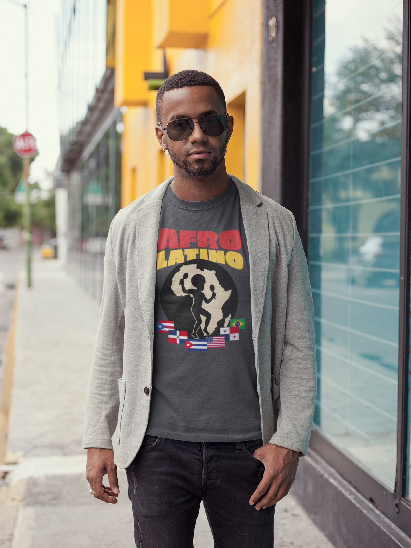 Afro-Latino T‑Shirt — Afro Latino Retro Silhouette with Flags