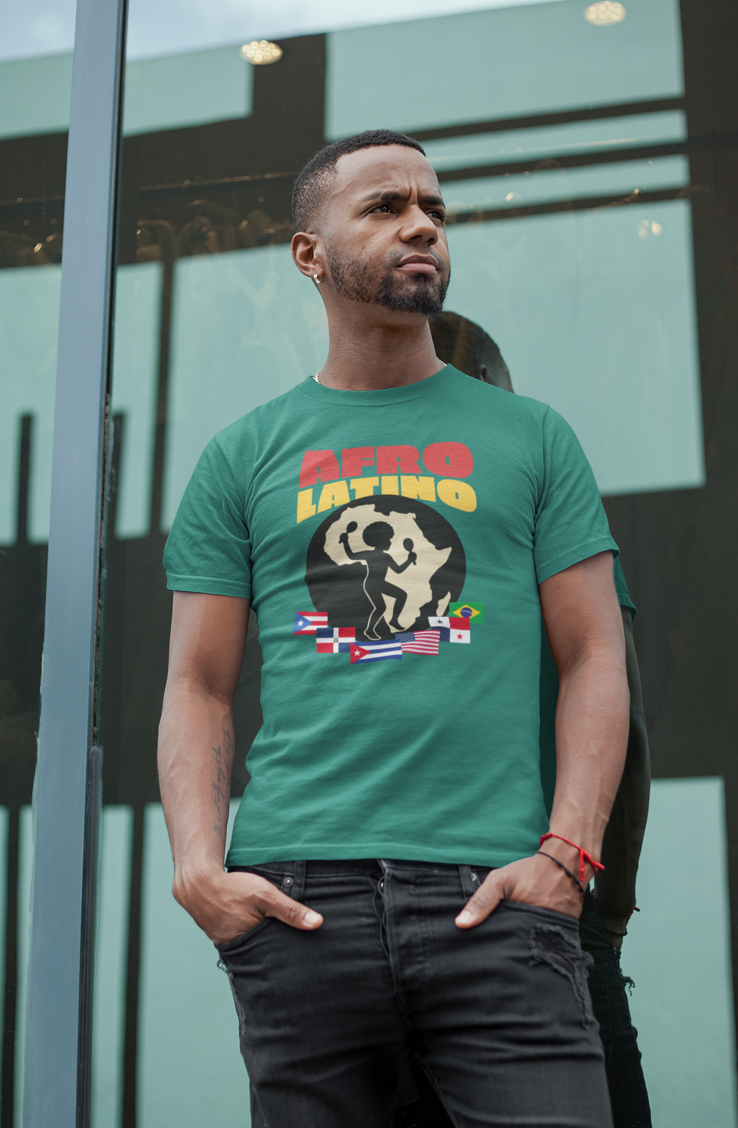 Afro-Latino T‑Shirt — Afro Latino Retro Silhouette with Flags